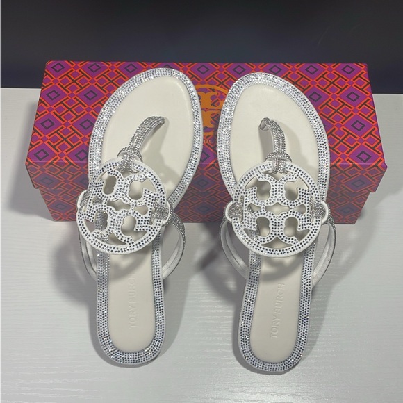 Tory Burch Silver and White Miller Sandals Size 7 W - Picture 1 of 8